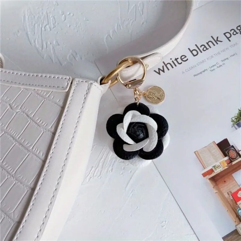 Handmade Black & White Camellia Leather Flower Keychain w Gold Coin Charm - Picture 5 of 7